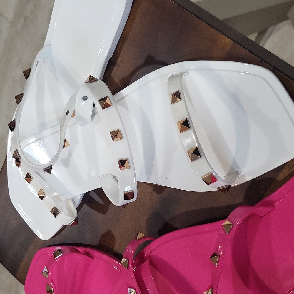 🍉 VIRAL Strappy Studded White & Hotpink Jelly Sandal Bundle - Picture 3 of 5